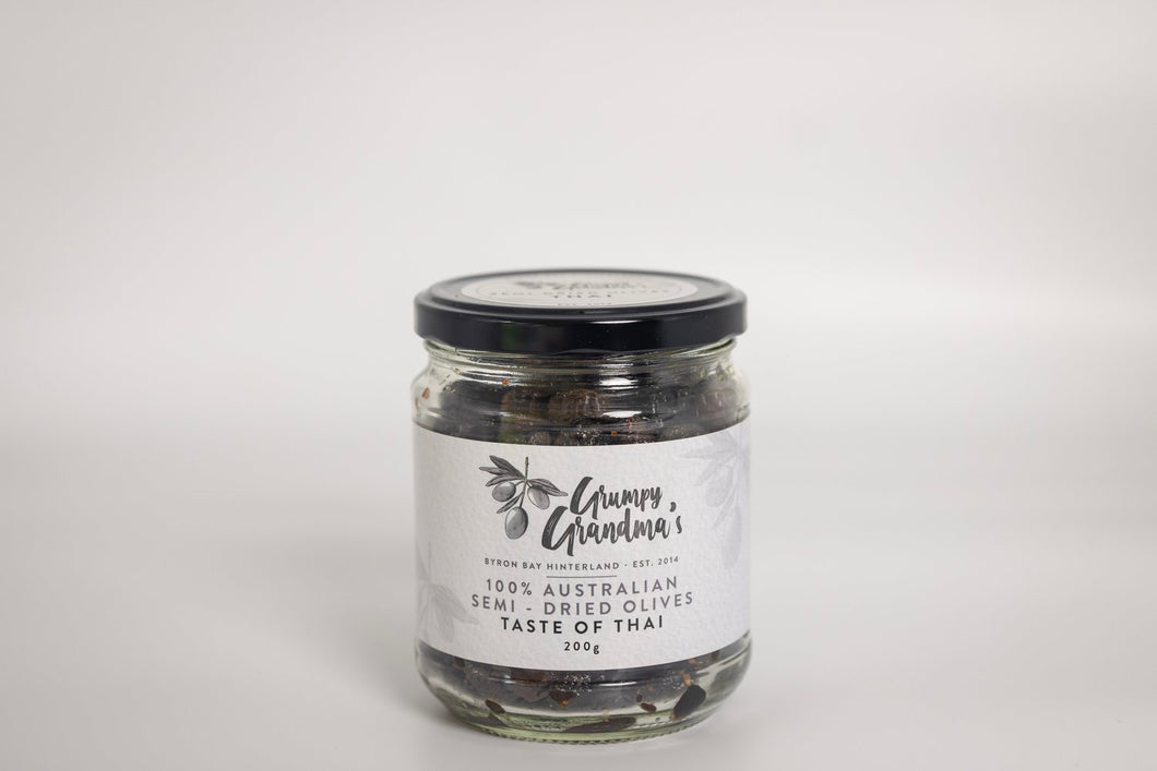 Olives - Semi-Dried Taste of Thai, Grumpy Grandma's, 100% Australian, 200g